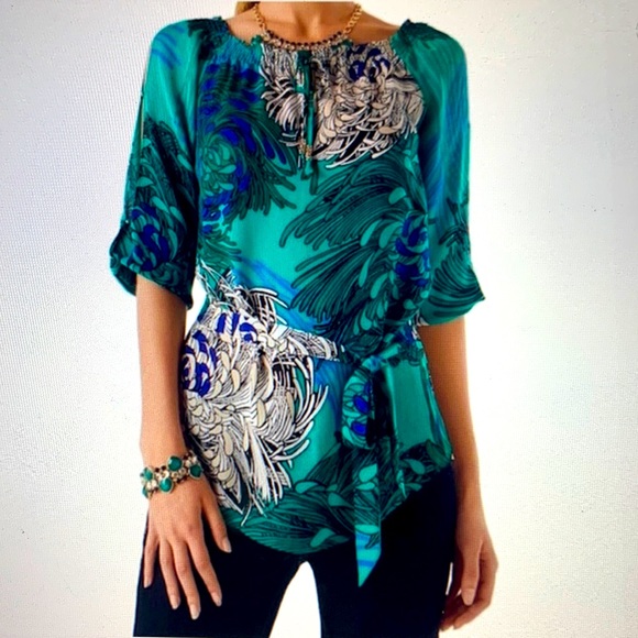 WHBM Floral Split Sleeve Silk Blouse W/ Sash Like New Worn Once size Small - Picture 5 of 17